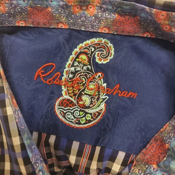 Robert Graham Mens XL Blue Plaid Button Down Shirt Long Sleeve Roll Cuff - Picture 7 of 10